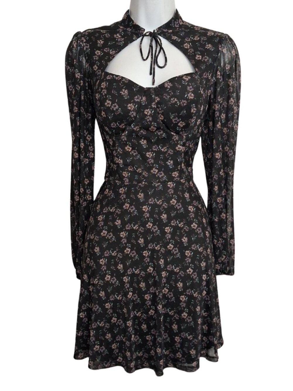MIMI CHICA Floral Black Dress Long Sleeve A Line Mini Stretchy Large